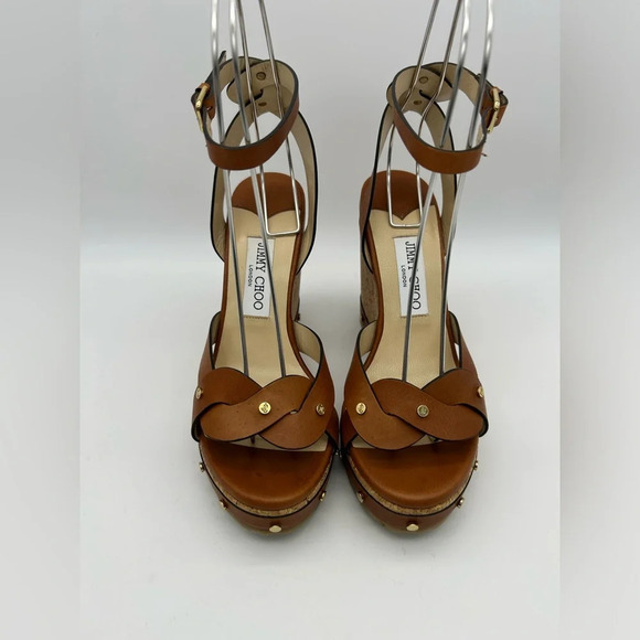 $795 Jimmy Choo Women's Cognac Drya Studded Wedge Sandal Shoes Size EU 38 - Picture 8 of 16